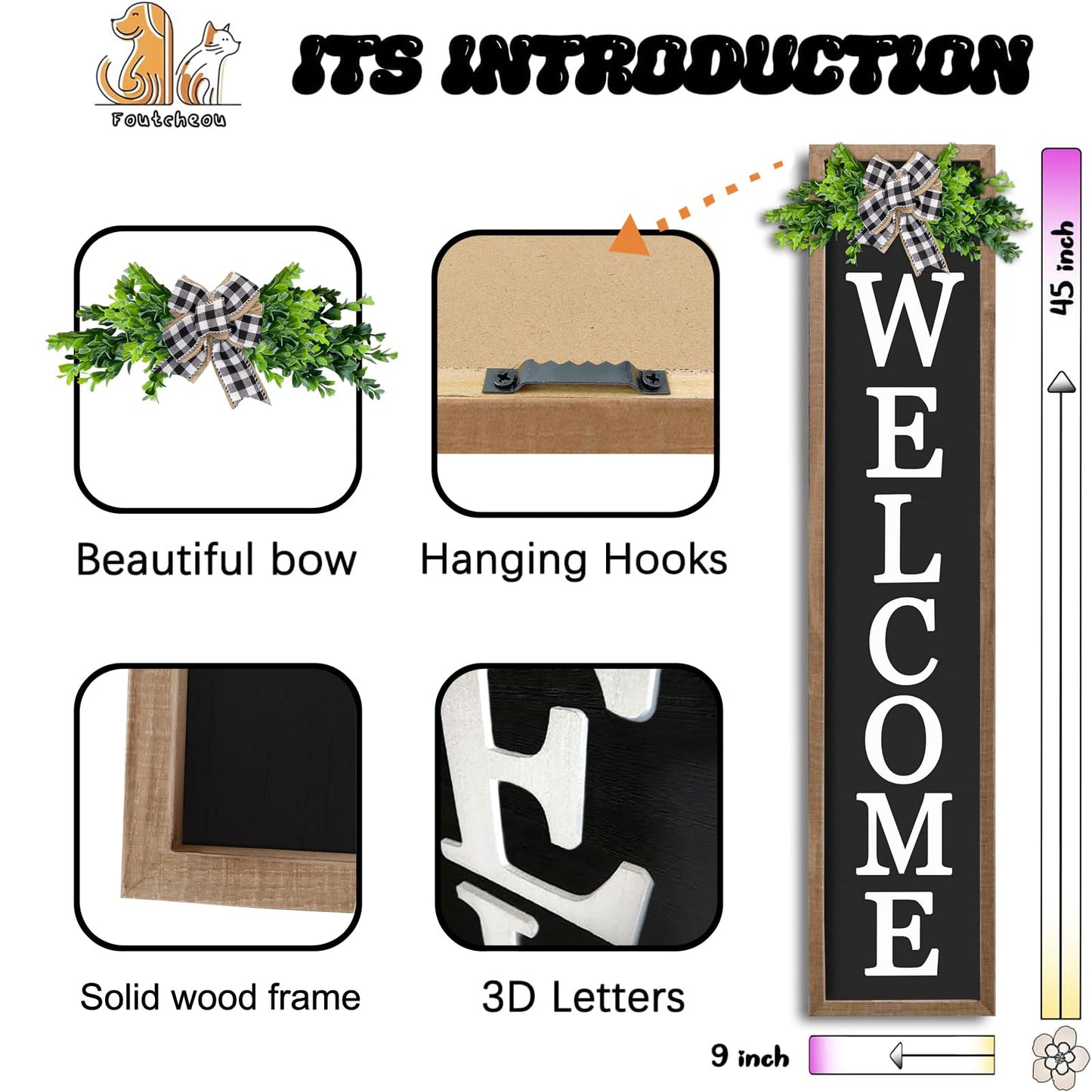 3D Outdoor Welcome Sign for Front Porch Standing 45"X9" Large Rustic Farmhouse Leaner Tall Vertical Soild Wooden Framed Plaque Modren Beautiful Outside Home Front Door Decorations (Wood Black)