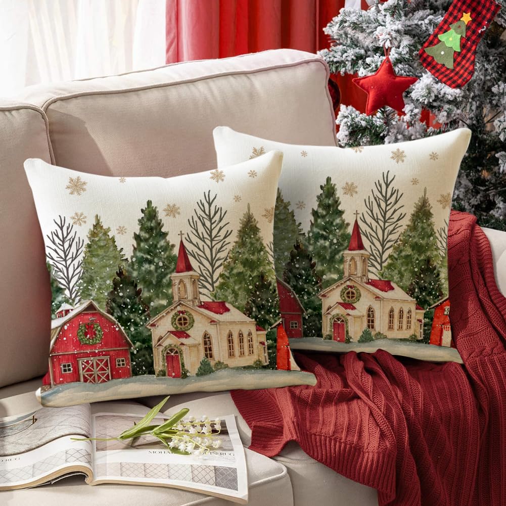 RABUSOFA Christmas Pillow Covers 18x18 Inch Set of 2 Christmas Tree Decoration Golden Snowflake Decorative Throw Pillows Winter Holiday Christmas Decor Farmhouse for Home Couch