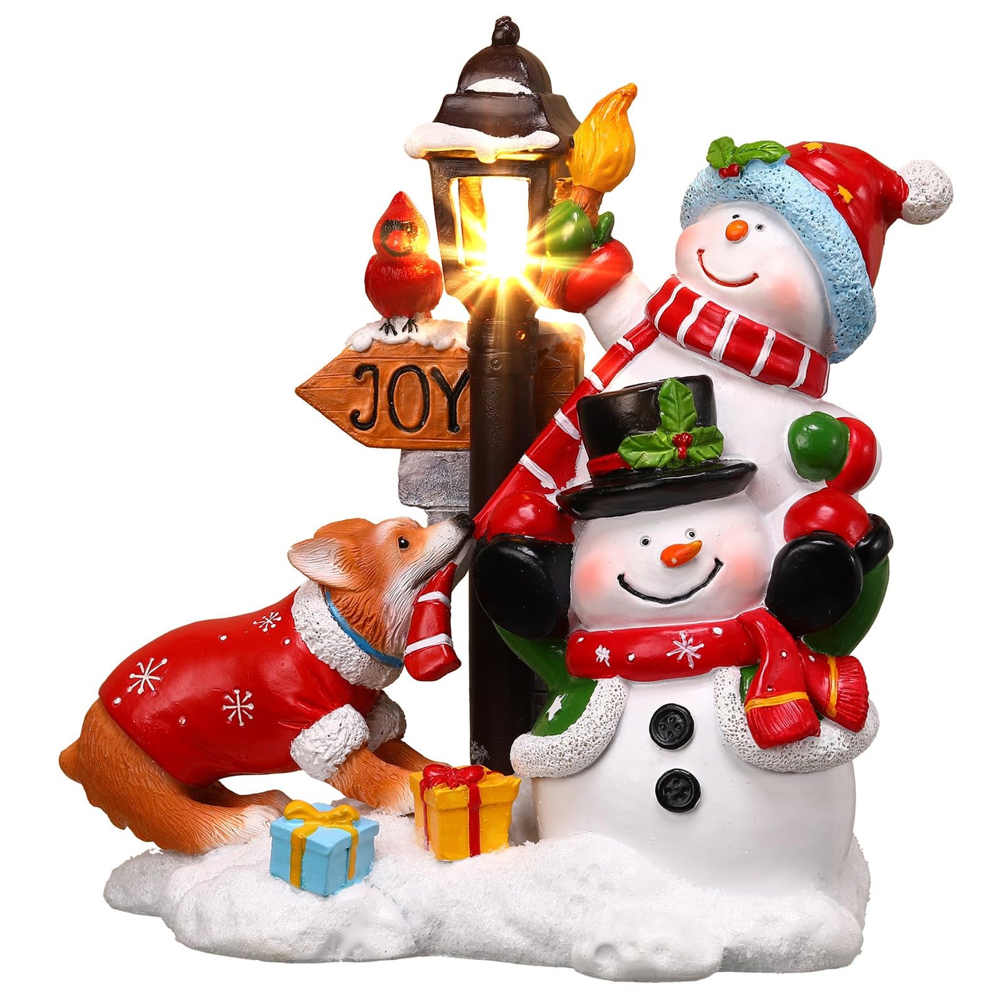 Wonderjune Christmas Snowman Table Decoration Lighted Snowman Figurine with Lamppost Lantern Tabletop Resin Collectibles Batteries Operated Xmas Statues Centerpiece Festive Gift Indoor Home