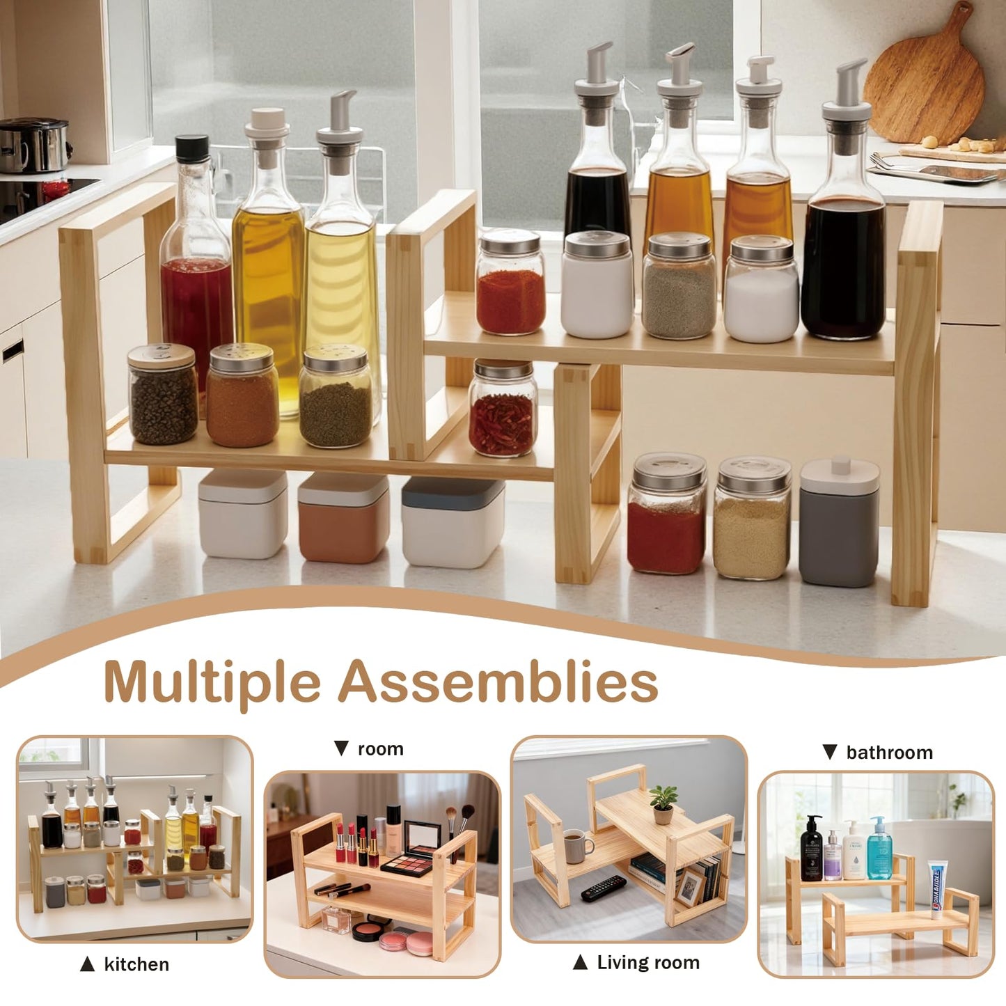 Desk Shelf, 100% Solid Wood Adjustable Desktop Bookshelf, No Tools, Nails or Glue Required for 130lb Load Capacity for Living Room, Office, Books, Cookbooks, Interlocking Joints Nature Pine Color