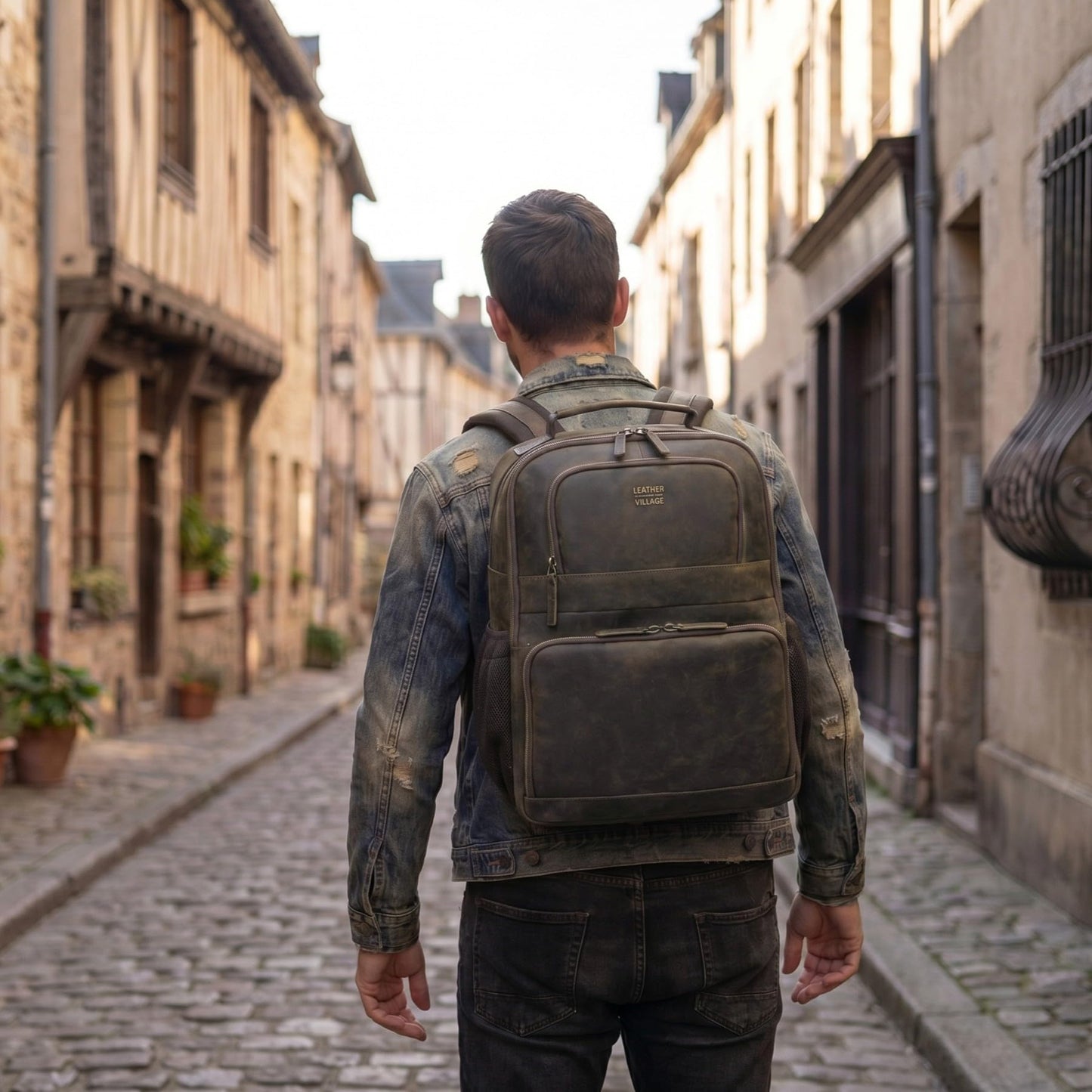 LEATHER VILLAGE Vintage Leather Laptop Backpack for Men & Women, Professional Business Bag Fits 17”- Laptop, Travel Hiking Daypack with Trolley Strap - Distressed Brown
