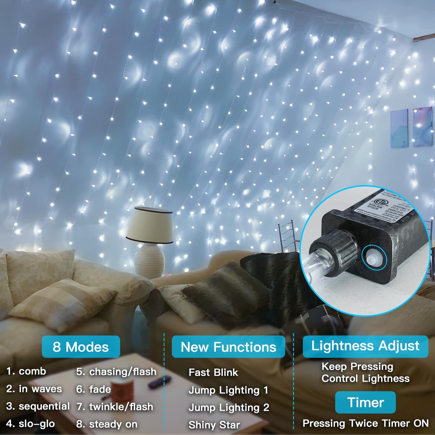 suddus 66ft 200 LED White String Lights with Timer, 12 Modes Christmas Fairy Lights Plug in, Connectable Indoor/Outdoor White Twinkle Lights for Xmas Tree, Bedroom, Garden, Wedding, Party Decorations