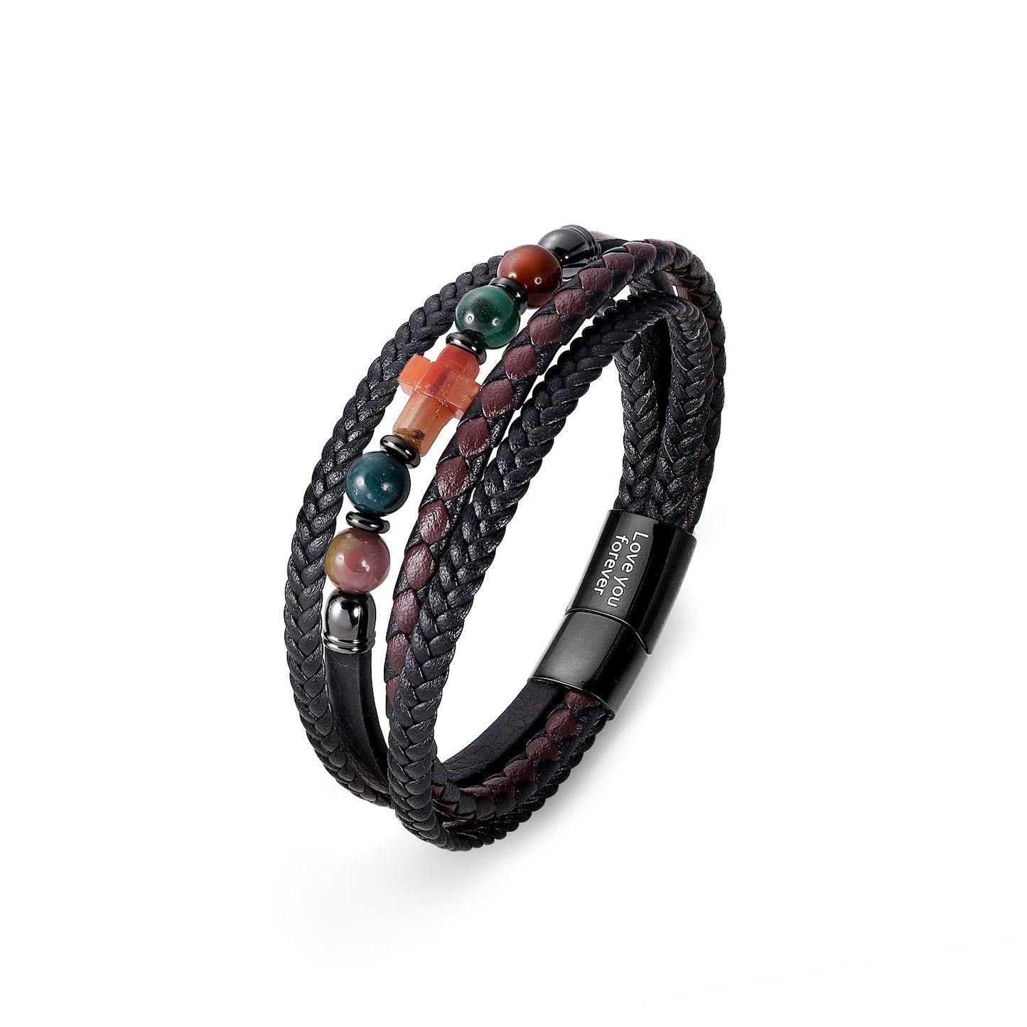 ICEINX Vintage Braided Leather Wrap Bracelet with Natural Indian Agate Stones, Religious Christian Jewelry Gift for Him（Agate Stones）