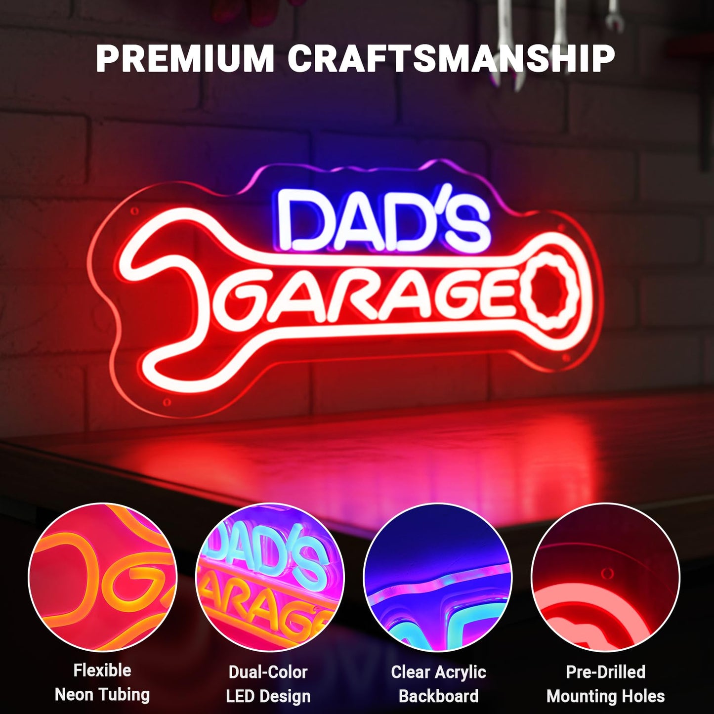 Dad’s Garage Neon Sign, LED Garages Wall Decor for Man Cave Workshop, Gifts for Husband Dad Father Men, Red Blue