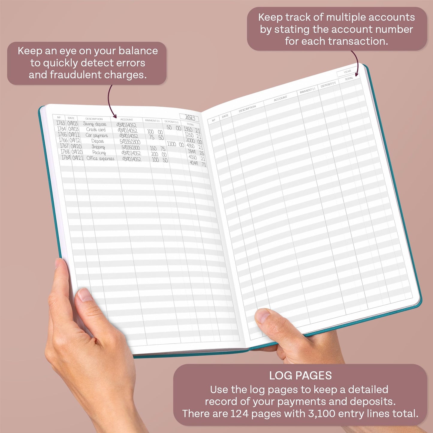 Skyline Accounting Ledger Book – Columnar Log Journal for Personal Use & Small Business Bookkeeping – Expense Log to Track Money Operations – Large Format, 7x10″, 4,712 Entries Total (Dark Teal)
