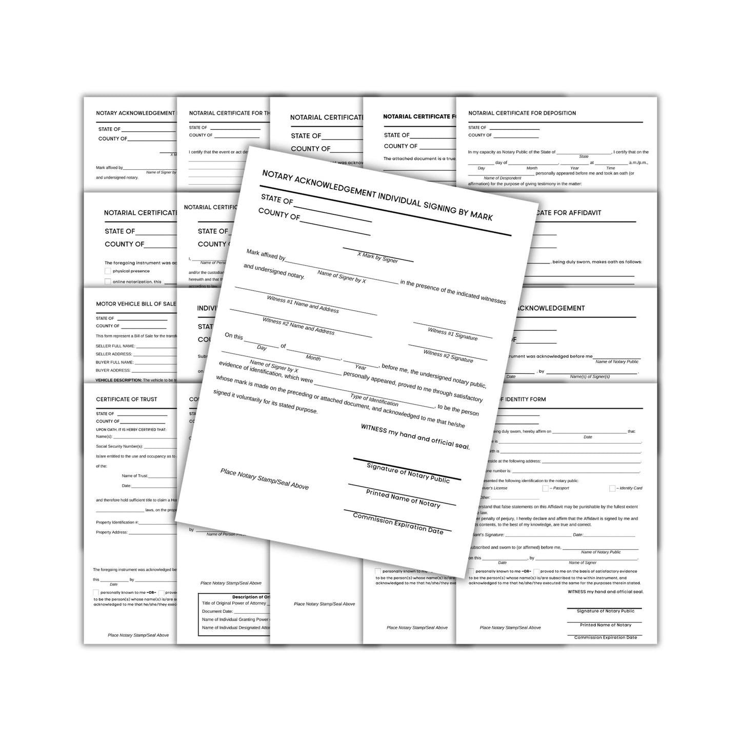 Notary Certificate Bundle 19 Different 8.5x11” Starter Legal Documents for Professionals to Notarize Notarial Legal Bill of Sale Jurat Affidavit POA