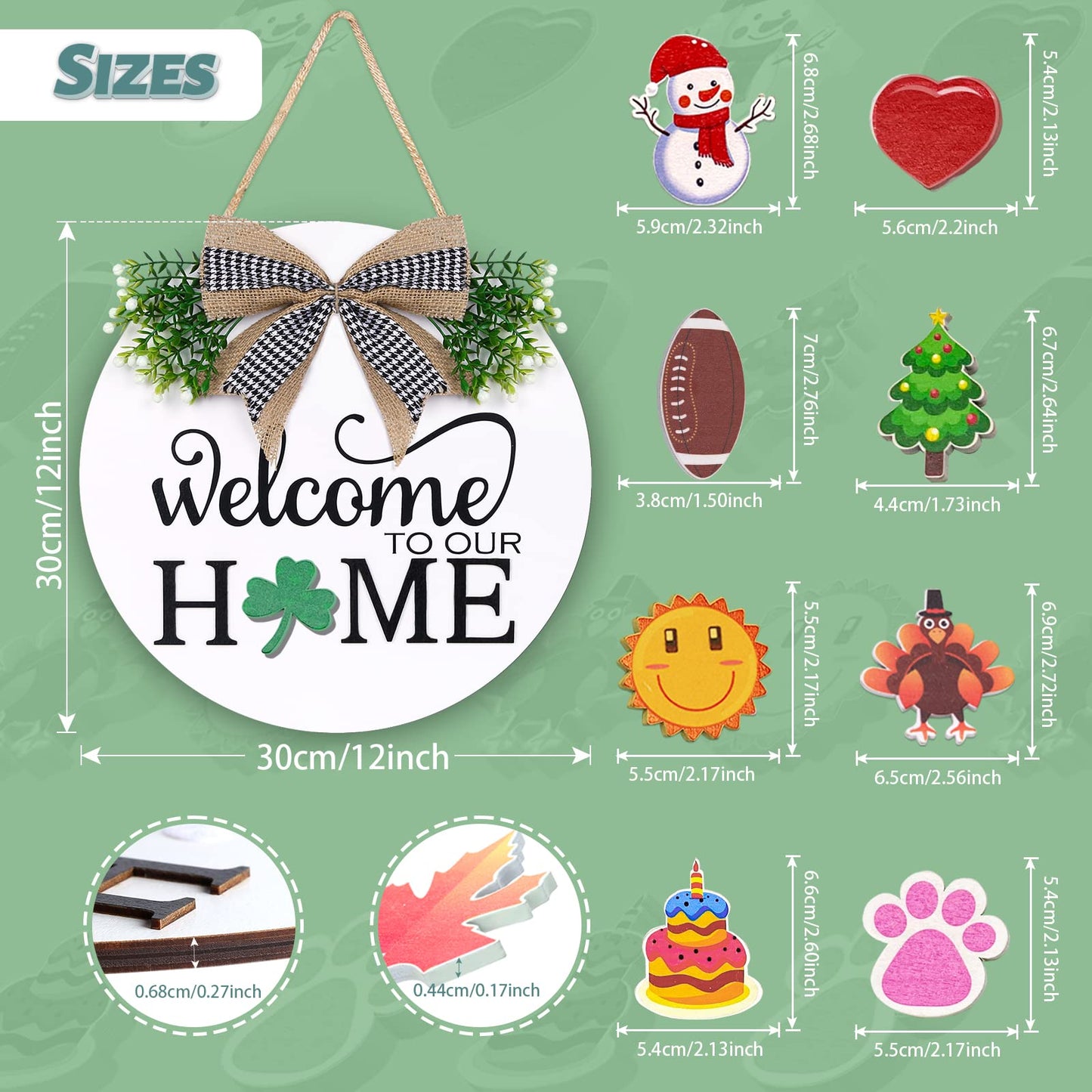Interchangeable Welcome Sign for Front Door - Solid Wooden Welcome Wreaths with 16 Seasonal Holiday Icons Front Door Decor for Farmhouse Hanging, Valentine's, Easter Christmas Housewarming Gift Decor