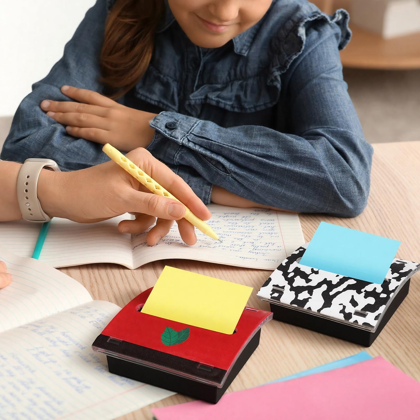 Eaasty 6 Pcs Teacher Appreciation Gifts Pencil Crayon Pop up Sticky Note Dispenser Composition Notebook Apple Sticky Note Holder Classroom School Decor Organizes Accessories for Teacher Office Desk