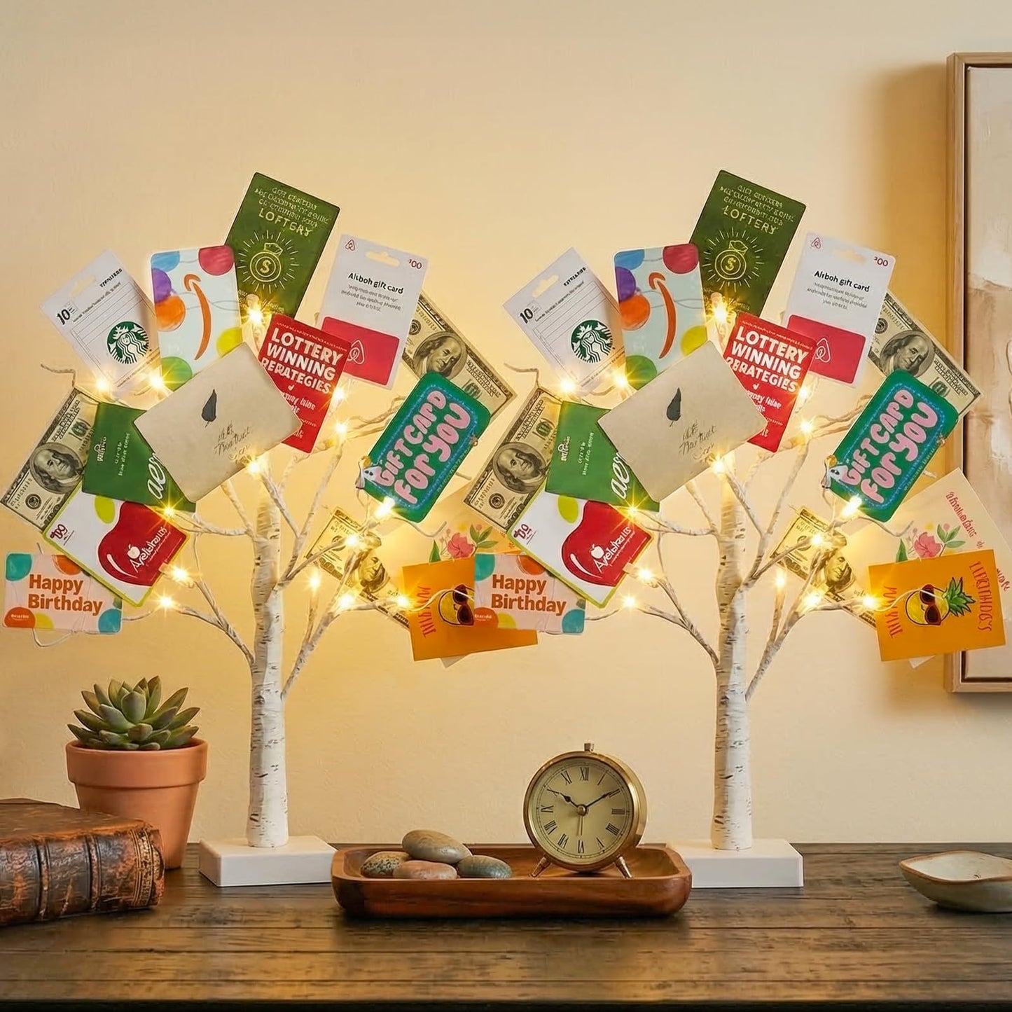 EAMBRITE Money Tree Gift Holder, Gift Card Tree 2FT 24LED, Lighted Birch Trees Battery/USB Powered Timer Photo Display with 24 Clips and 12 Cards for Home Graduation Christmas Picture Memo 2 Pack