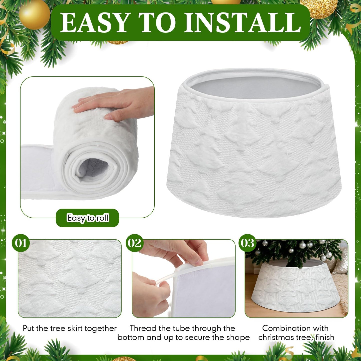 Halloscume 28.35 Inch Christmas Tree Collar Xmas Trees Skirt Boho Rustic White Faux Fur Christmas Tree Ring Skirt with Trees Pattern for Xmas Holiday Decoration Home Decor
