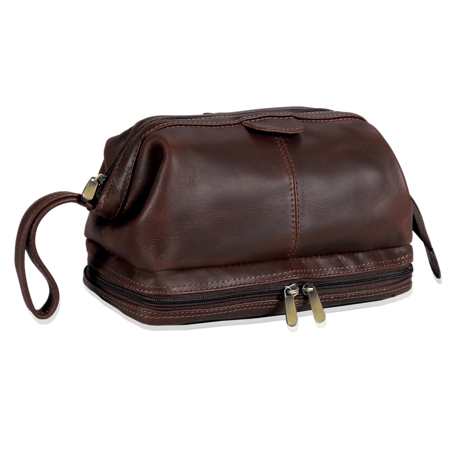 cuero Premium Genuine Leather Toiletry Bag for Men – Large Double Layer Travel Dopp Kit with Zipper Compartments,Lining & Handle – 9.5” Travel Shaving Organizer