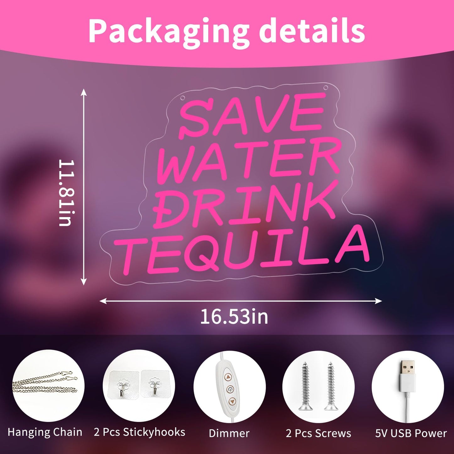 Neon Sign, Save Water Drink Tequila LED Neon Light for Wall Decor, USB Neon Bar Sign for Party Club Restaurant, Bedroom Wall Decor 16.54 x 11.81", Acrylic Material