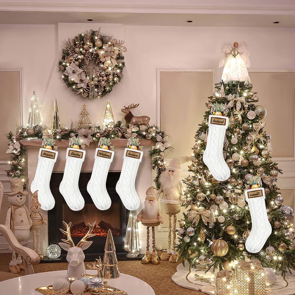 XOYTN 6 Pack Christmas Stockings, 18inch Large White Cable Knitted Stocking Personalized Xmas Hanging Stocking with Leather Patches Custom Name for Christmas Holiday Party Decoration