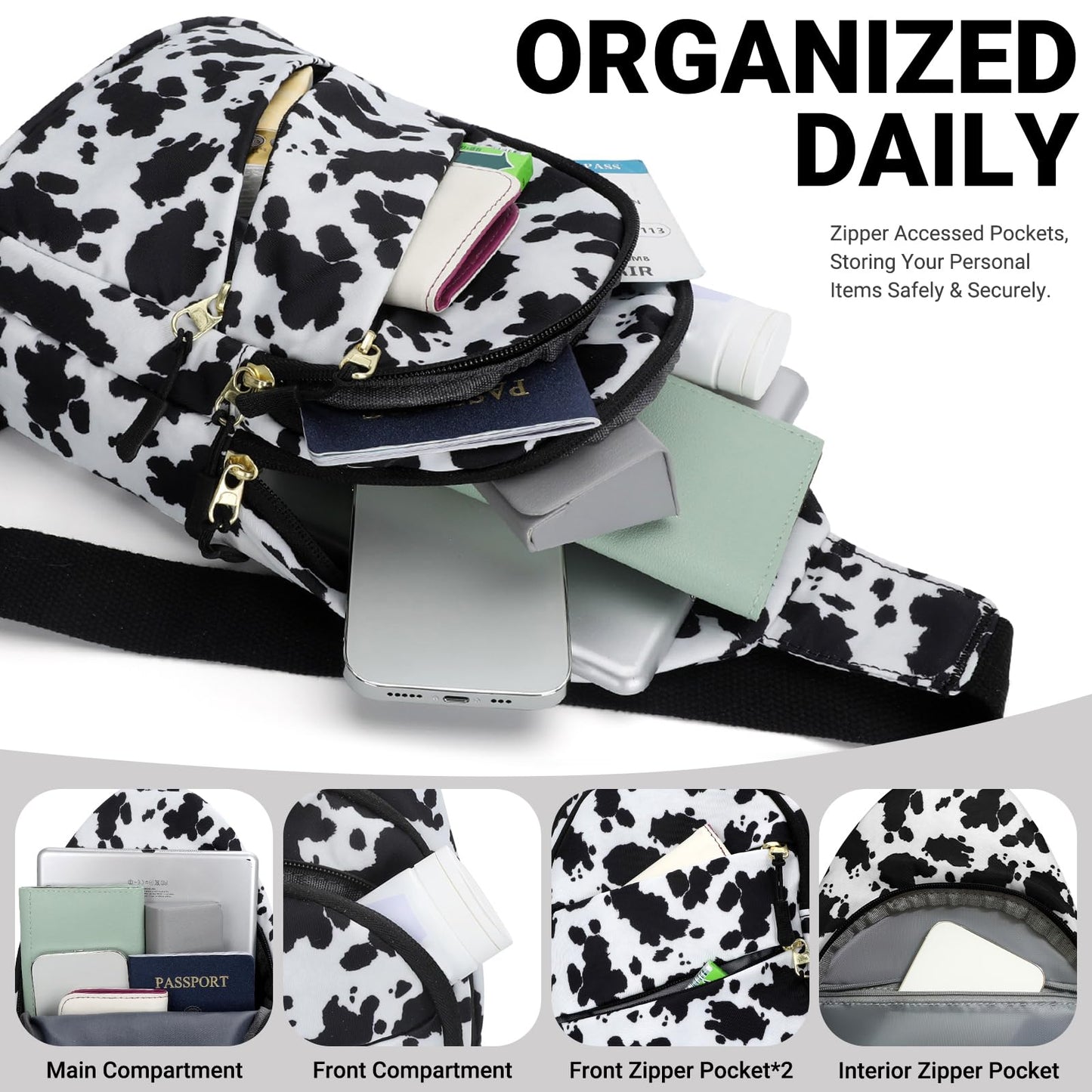 Tuwubi Crossbody Bags for Women, Sling Bag for Men, Small Hiking Backpack Anti Theft Lightweight for Outdoors Travel （M, Cow Print）