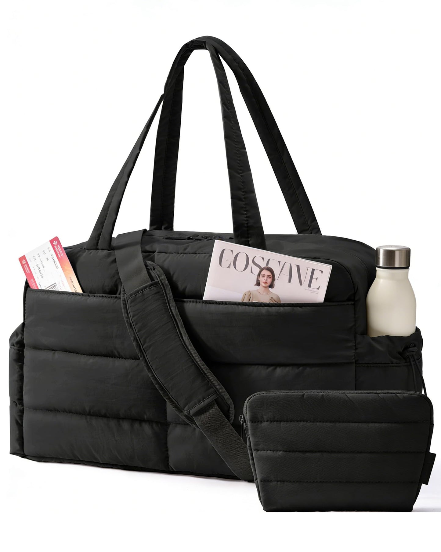 BAGSMART Gym Bag for Women, Lightweight Puffer Duffle Bag 2-PC Travel Bag, 31L Weekender Overnight Bag Quilted Carry On Tote Bag, Diaper Hospital Dance Bag for Travel, Gym, Water Resistant, Black