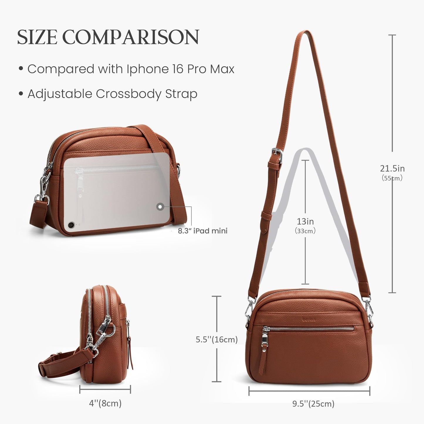 befen Genuine Leather Crossbody Bags for Women Small Camera Purses with Built in RFID Wallet Woman Shoulder Bag Handbags (Dark Brown)