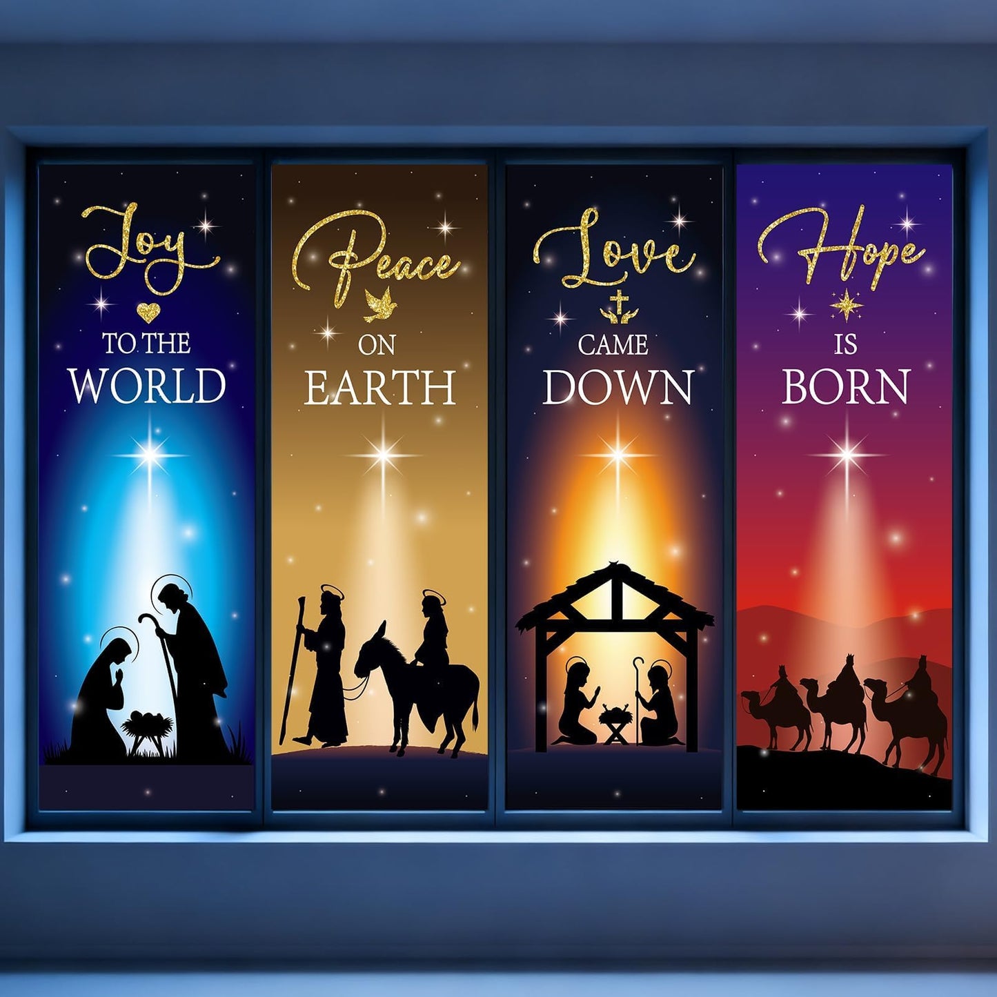 4Pcs Christmas Nativity Large Window Clings Decorations Religious Jesus Christmas Window Decals Nativity Scene Love Hope Joy Peace Double-Side Stickers for Xmas Holiday Party Home Church School Decor