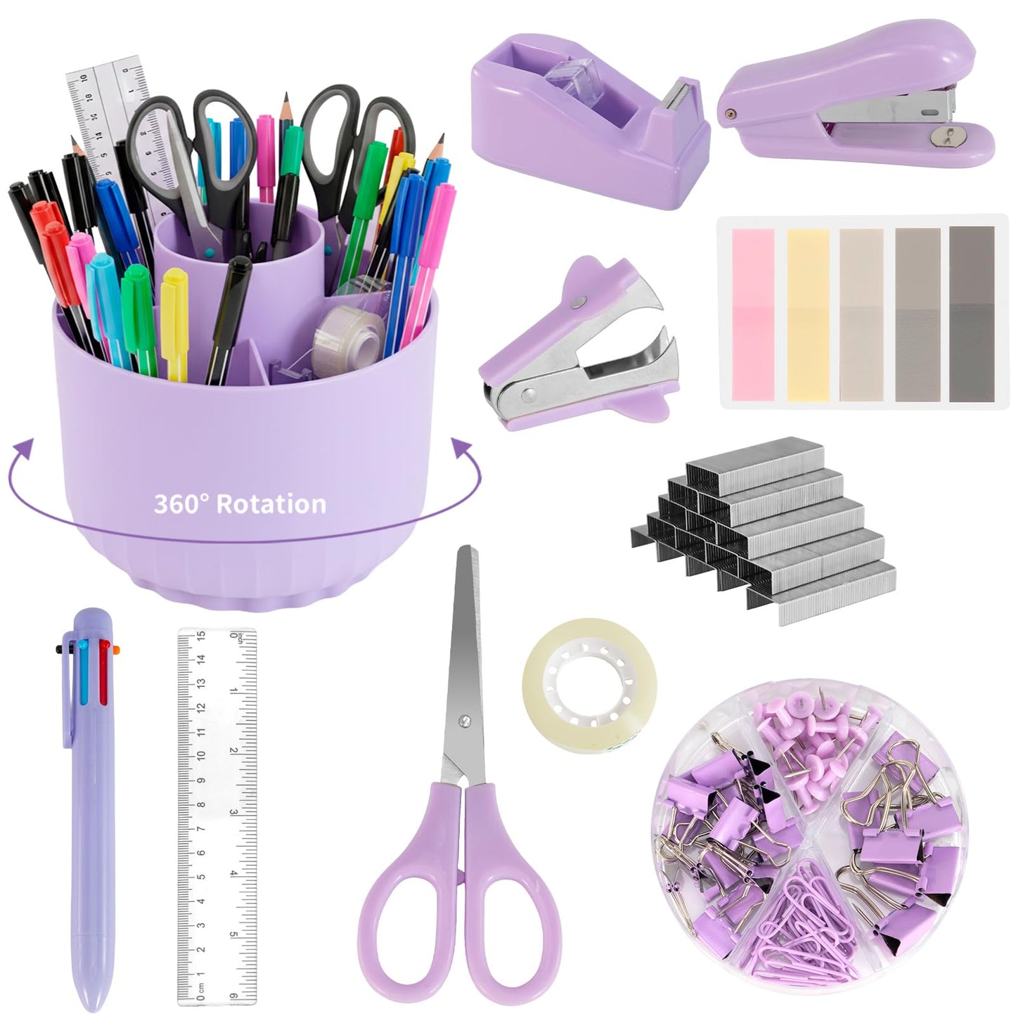 Smloplom Purple Desk Accessories, 11Pcs Desk Organizer with 360°Rotating Pen Holder, Stapler, Staples, Staple Remover, Pen, Ruler, Tape Dispenser, Tape, Clips, Scissor, Notes, Office Supplies
