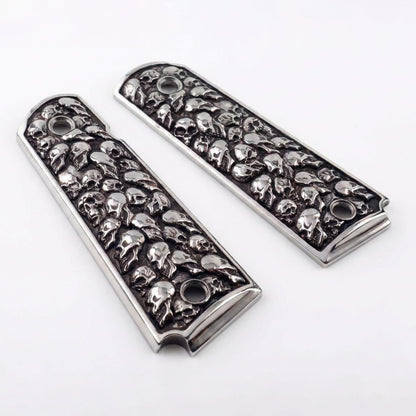 1911 Grips – Aluminum Alloy Pewter Finish Skull Design – Compatible with Colt, Kimber, Springfield, Rock Island, S&W and 1911 Government Model Clones – Full Size Frame, No Ambi Safety