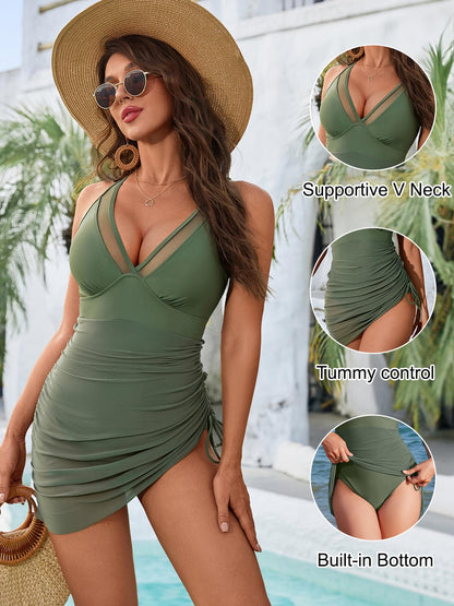 Blooming Jelly Women One Piece Swimsuits Tummy Control Swim Dress Slimming Modest Bathing Suit Skirt (4XL, Army Green)