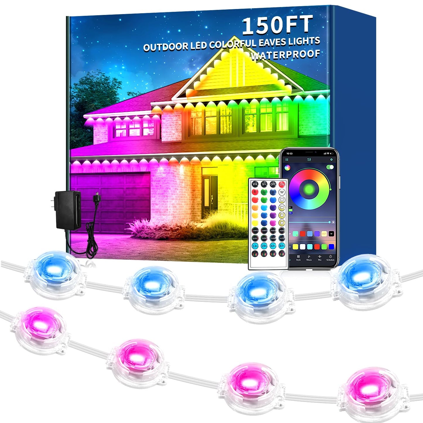 Rroetxi 150FT Permanent Outdoor Light, IP67 Waterproof LED Eaves Light, App/Remote Control Christmas Lights, Suitable for House，Patio Decor Garden Party Festival Decoration