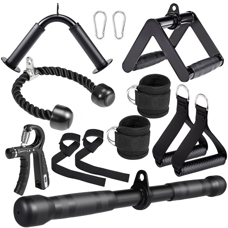 10-in-1 Cable Machine Attachments Set for Gym - Includes Tricep Rope, V-Bar, Straight Bar, D-Handle, Ankle/Wrist Straps, Storage Bag - Compatible with LAT Pulldown & Home Gym Cable Machines
