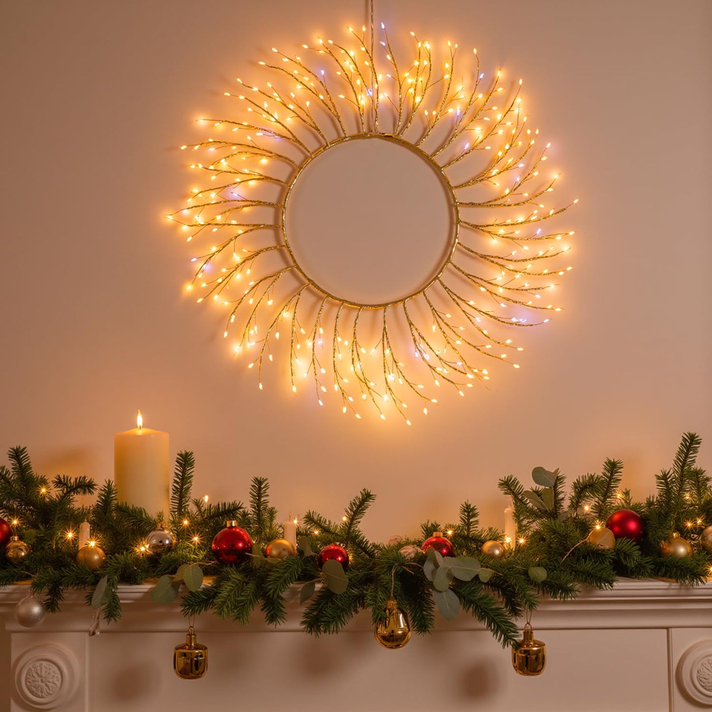 ooLALoo Pre-Lit Christmas Door Wreath Decorations, 22" Christmas Wreath with 260 LEDs Fairy Lights, USB Operated Window Lights Hanging for Front Door Wall Party Xmas Indoor Decor, Gold Twig