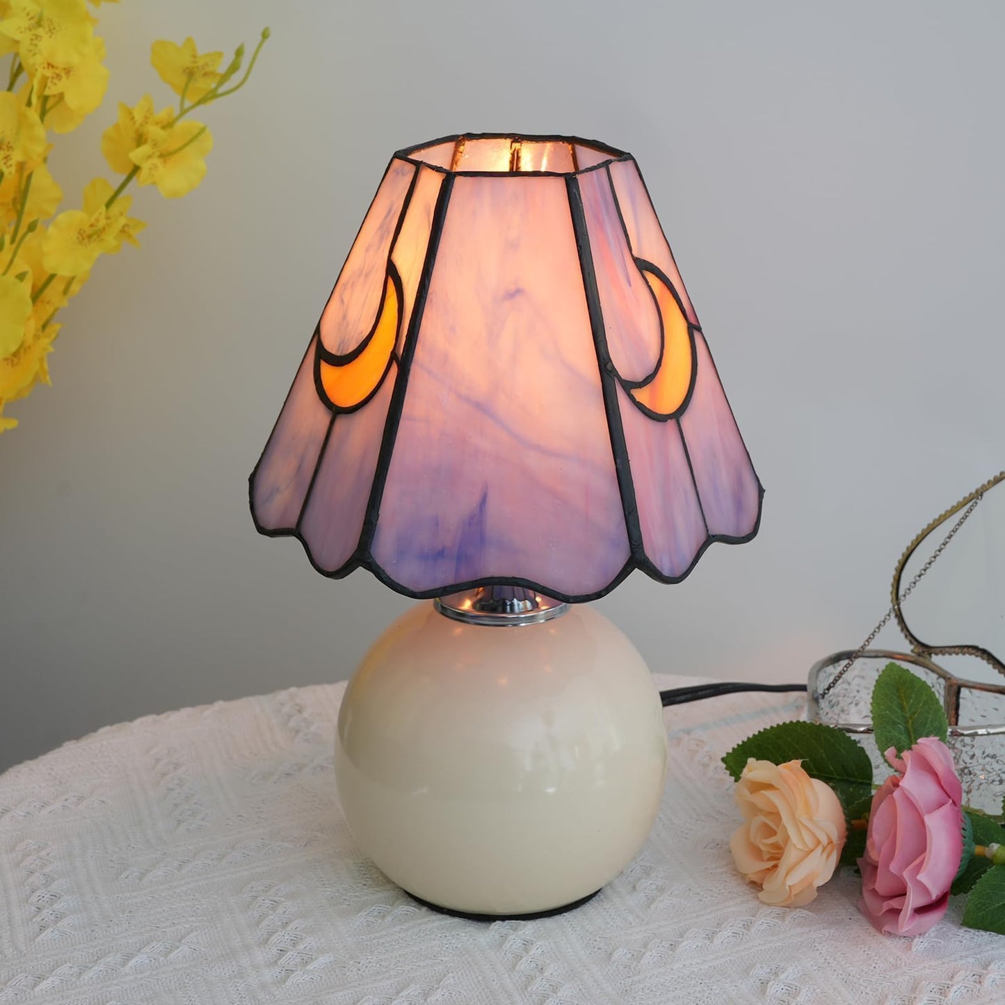 KIPHEPI Tiffany Style Bedside Table Lamp Stained Glass Moon Mushroom Lamp for Bedroom Small Nightstand Lamps for Home Decor Living Room Bedroom Study Nursery Dorm,Purple