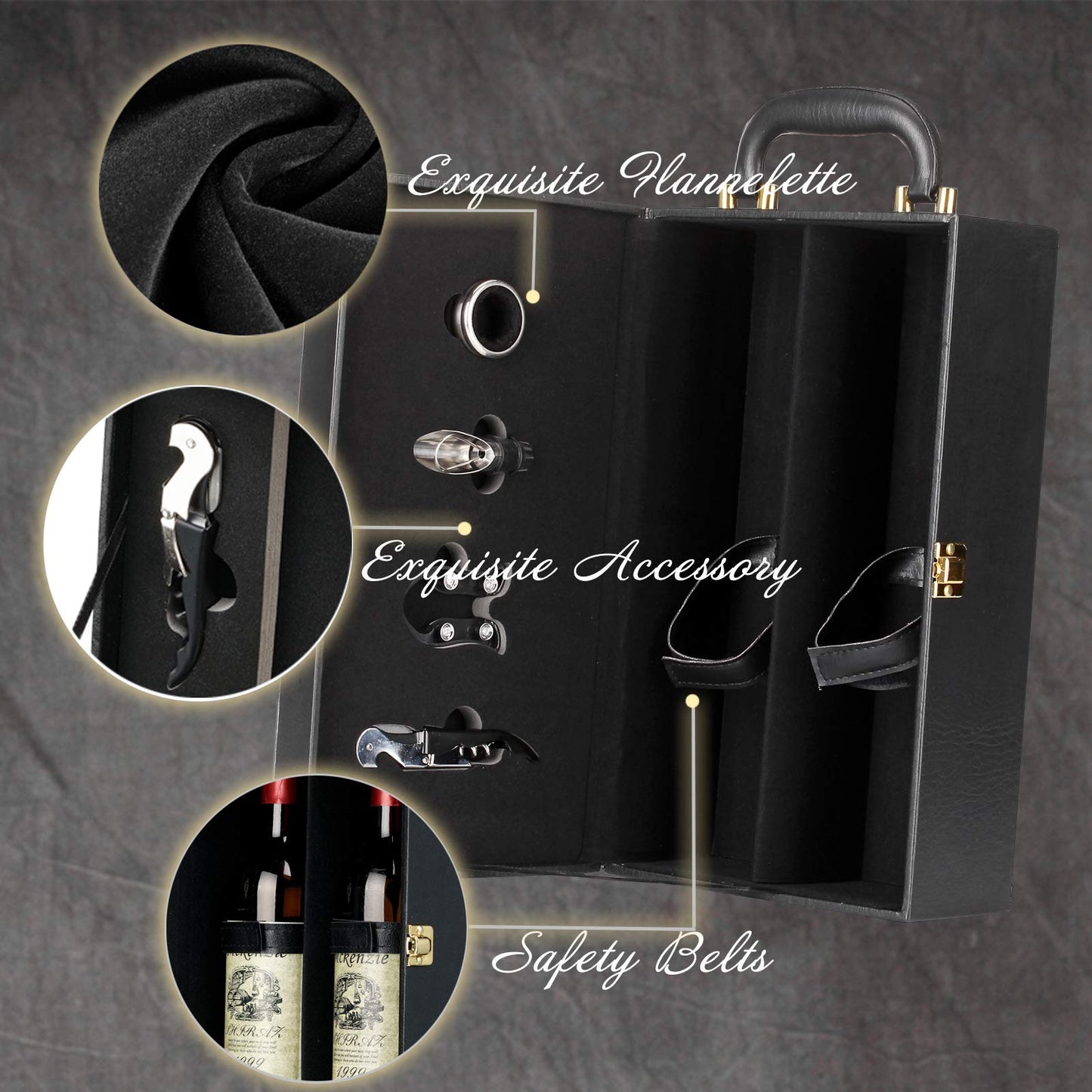 HiCrast Wine Box, 2-Bottle Leatherette Top Handle Wine Carrier Case With 4 Accessories