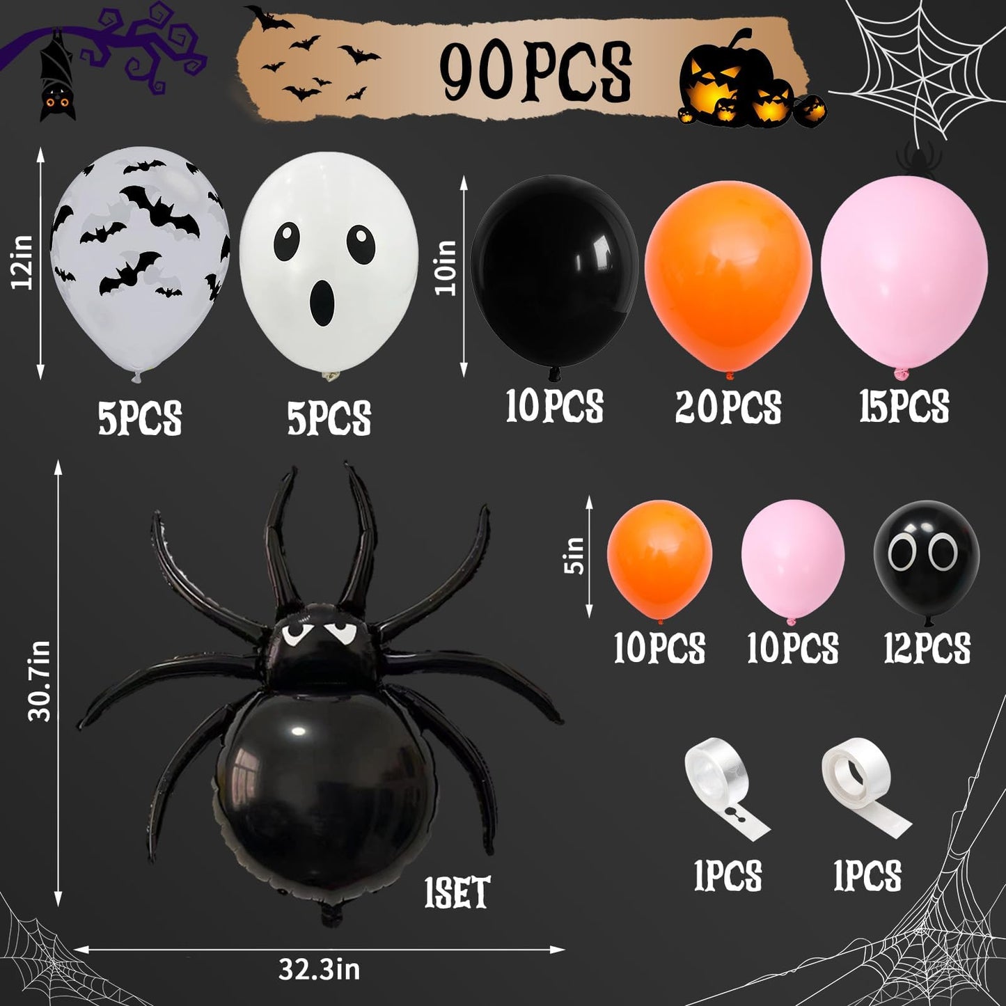 Halloween Balloons Arch Pink Black Orange Balloons Garland with Spider Foil Black Orange Pink Latex Balloon Bat Ghost Eyes Balloon for Party Haunted House Birthday Decorations