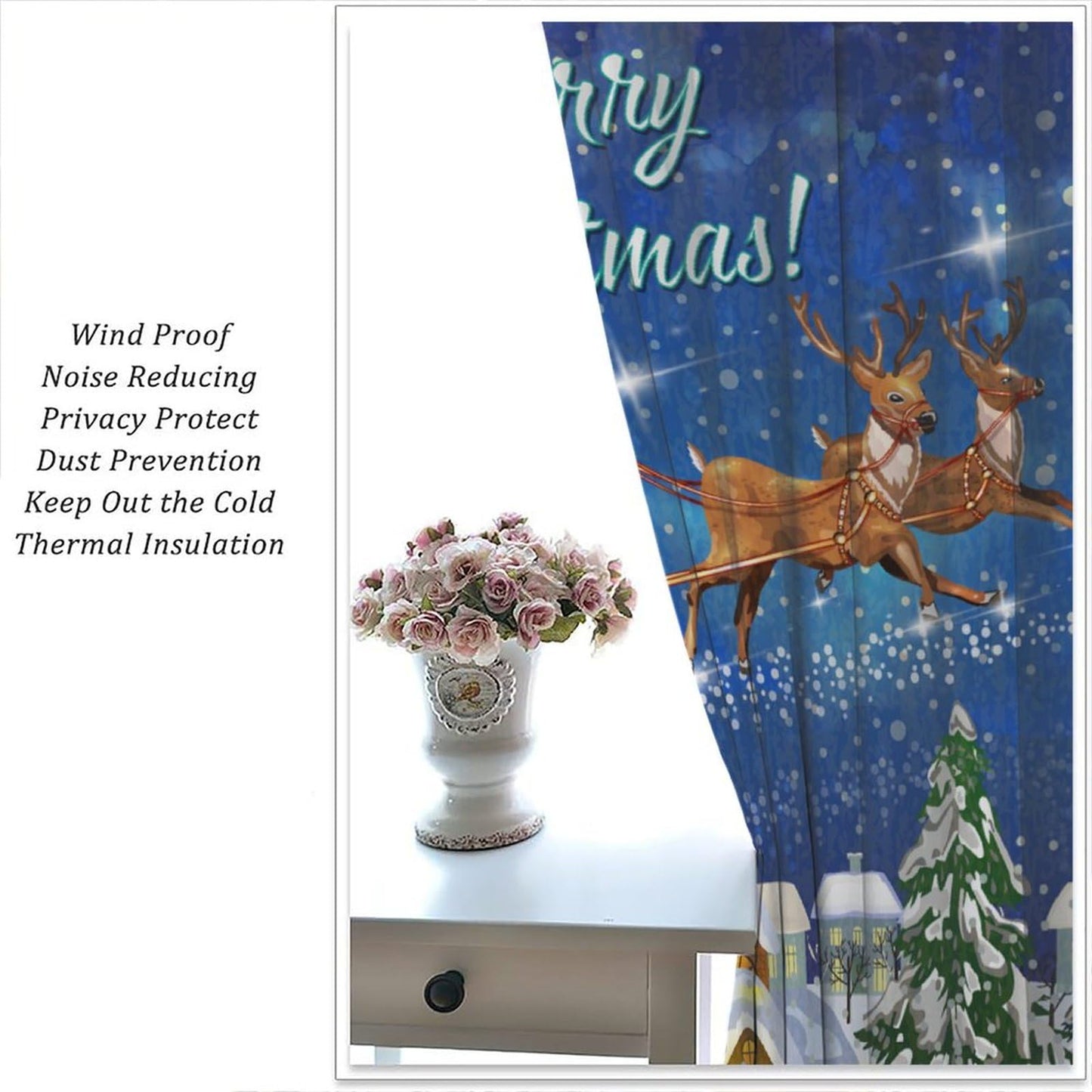 FengMingRui Christmas Curtains Santa Claus Sleigh Chimneys New Year Christmas Patterns Printed Window Treatment Bedroom Living Room Decoration Blackout Decor Window Drapes 52" W X 84" L
