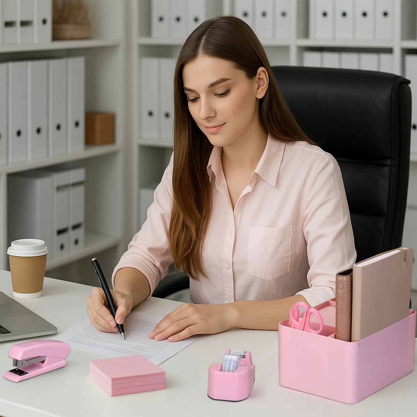 Pink Desk Organizers and Accessories 12+1Pcs, Office Supplies for Desk, Pen Organizer with 2 Drawers with Stapler,1000 Staples, Phone Holder, Tape Dispenser, Pen Holder, Sticky Note, Clips, Ruler,Etc