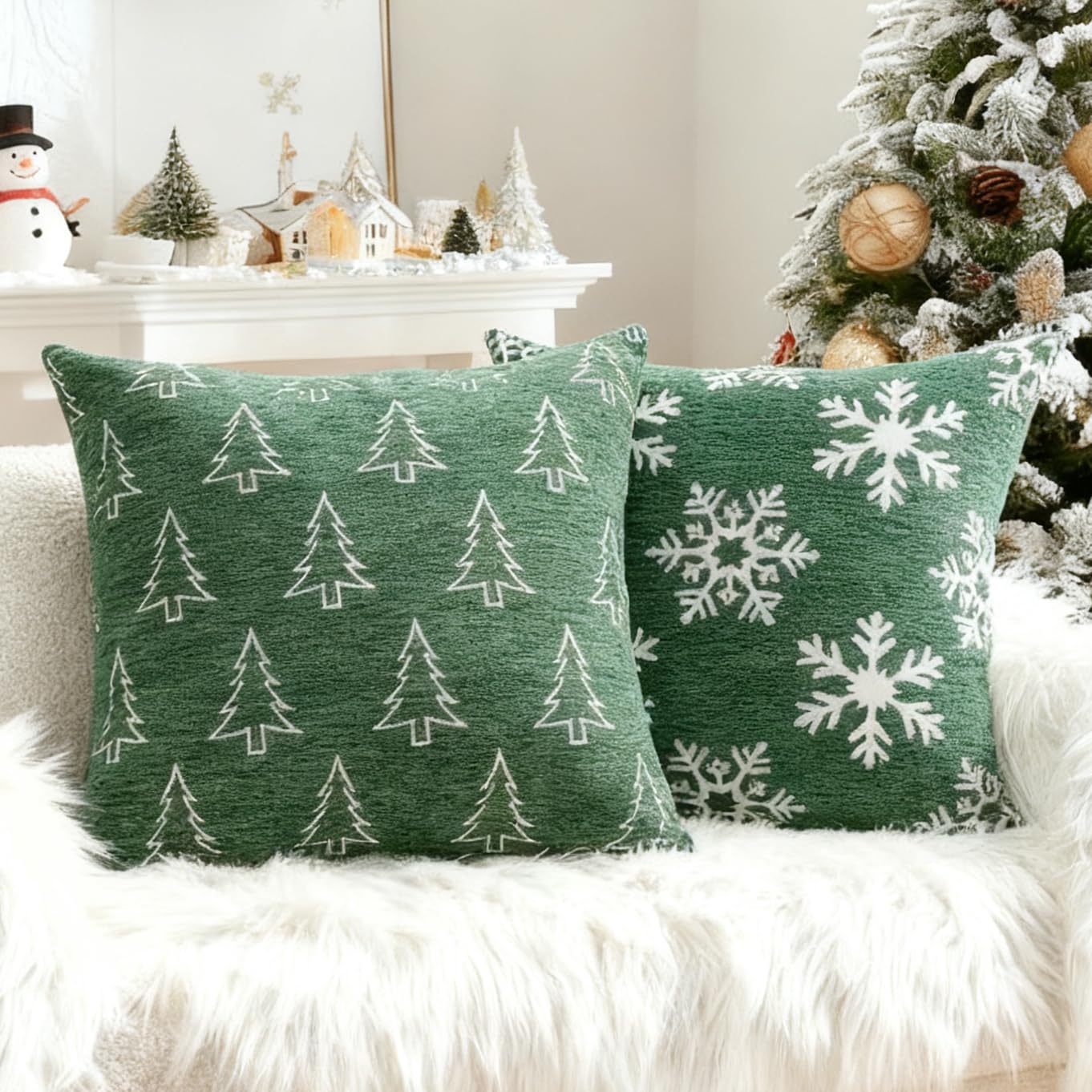 Auomily Soft Chenille Christmas Pillow Covers 18x18 Set of 2, Reversible Snowflake & Tree Pattern, Thick & Cozy Farmhouse Holiday Cushion Cases with Hidden Zipper for Sofa Couch Bed(Green,18x18)