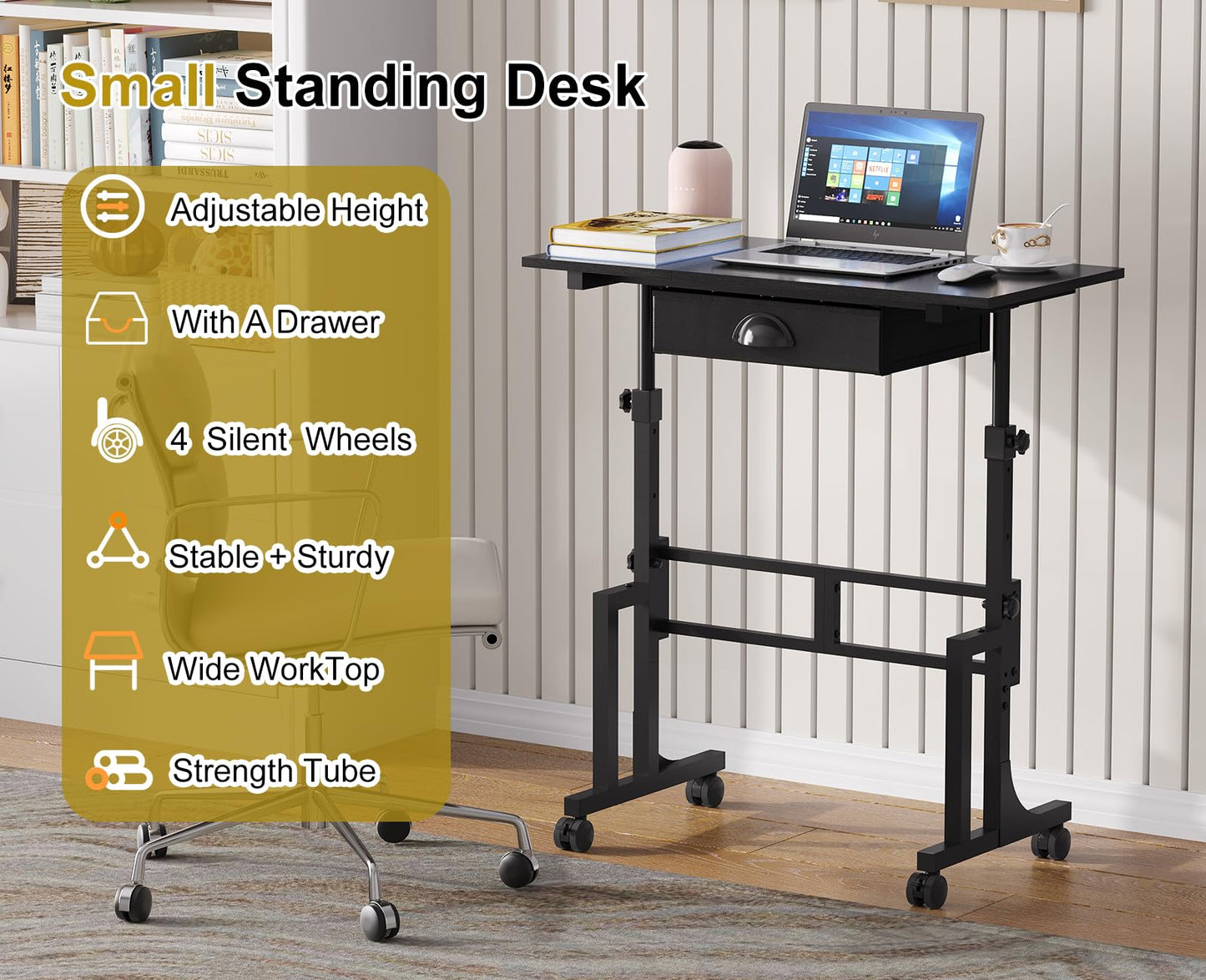 Adjustable Height Standing Desk With Drawer, Rolling Sit Stand Up Desk With Wheels, Small Sit To Stand Computer Desk, Adjustable Desktop Height, On Wheels, Black, For Walking Pad Laptop Treadmill