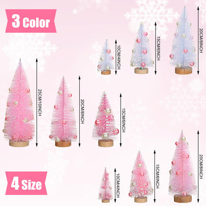 Leyndo 9 Pcs Pink Pearl Artificial Mini Christmas Tree Sisal Bottle Brush Trees with Wood Base Christmas Pine Trees for Autumn Winter Holiday Home Kitchen Party Decor