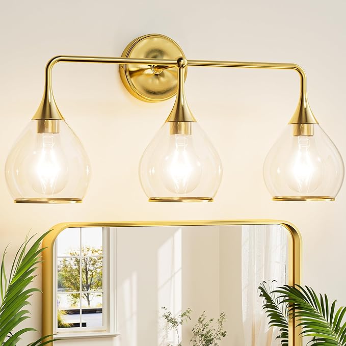 TETOTE 3-Light Modern Bathroom Light Fixtures, 3 Light Vanity Lights Over Mirror Gold Wall Lamp with Clear Glass for Bathroom, Mirror, Living Room, Bedroom, Hallway