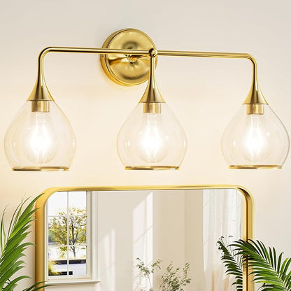 TETOTE 3-Light Modern Bathroom Light Fixtures, 3 Light Vanity Lights Over Mirror Gold Wall Lamp with Clear Glass for Bathroom, Mirror, Living Room, Bedroom, Hallway