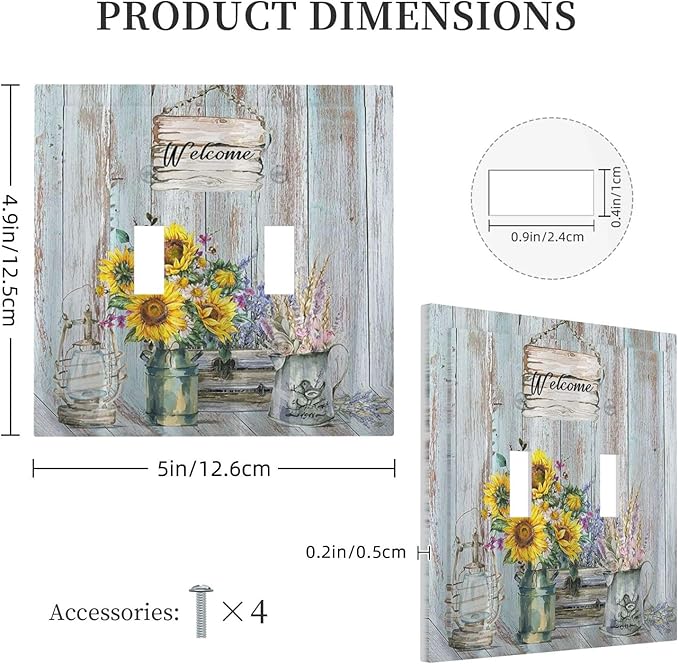 Sunflower Vintage Barn Wooden 2 Gang Light Switch Plate Cover Sun floral Double Toggle Wall Plate Decorative Switchplate Electrical Faceplate Farmhouse Home Livingroom Decor