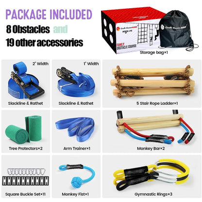 Ninja Warrior Obstacle Course for Kids,2×56ft Slackline Kit with 8 Ninja Accessories+Fast-Setup Buckles- Monkey Bar,Rope Ladder,Gymnastic Ring,Arm Trainer and Monkey Fist,Supports 880 lbs
