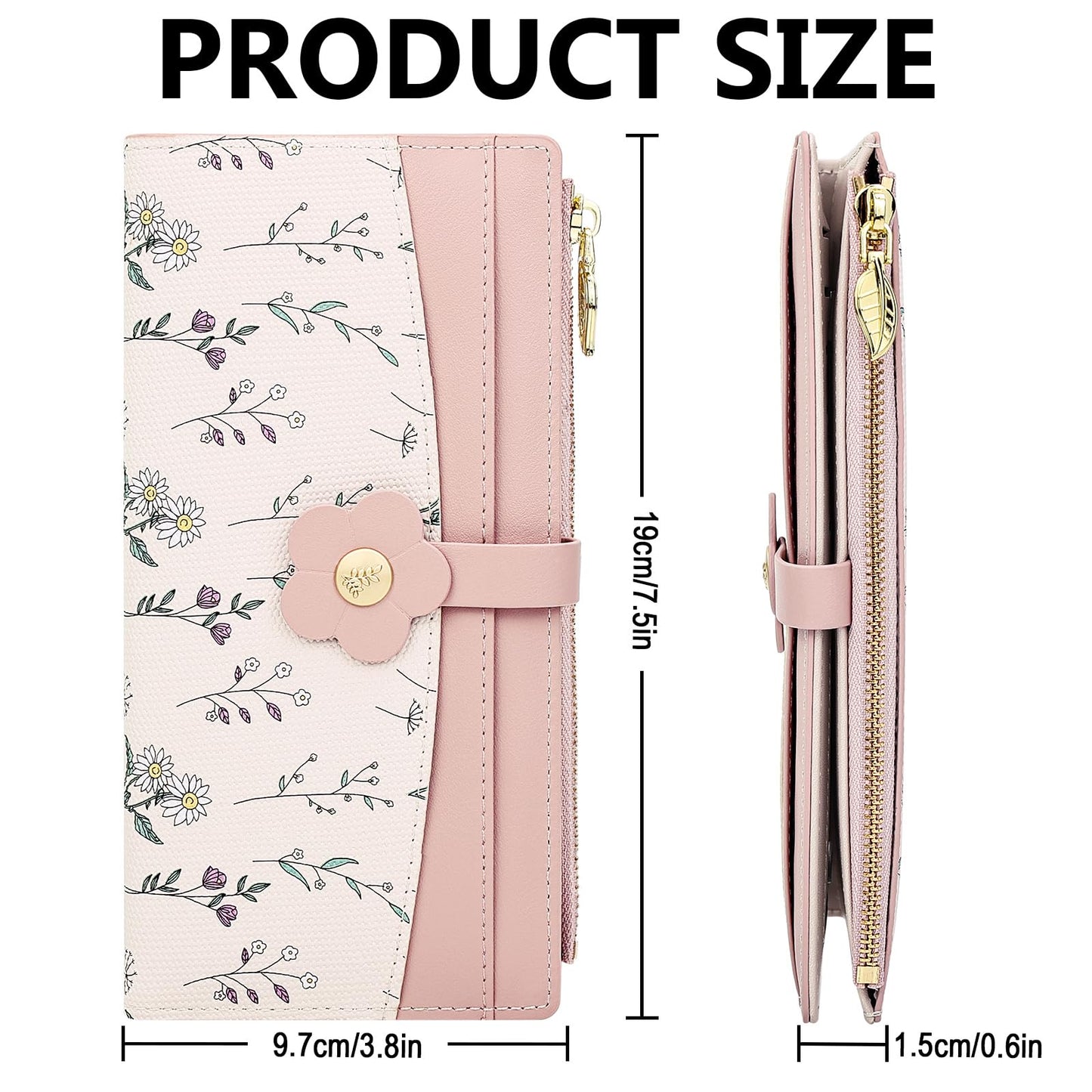 Farcauo Long Floral Womens Wallet Cute Wallets for Women Pink Women's Wallet Kawaii Flower Card Wallets for Women Ladies