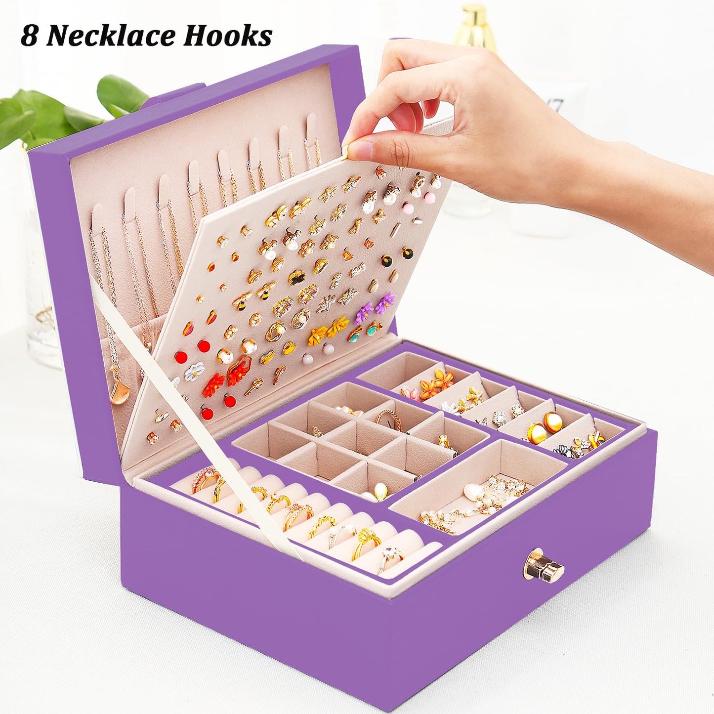 Earrings Jewelry Box for Girls, Large Capacity Jewelry Organizer with 40-Pair Earring Board, 2-Layer Leather Jewelry Storage Box for Necklaces Rings Bracelets with Removable Tray(Gift Idea),Purple
