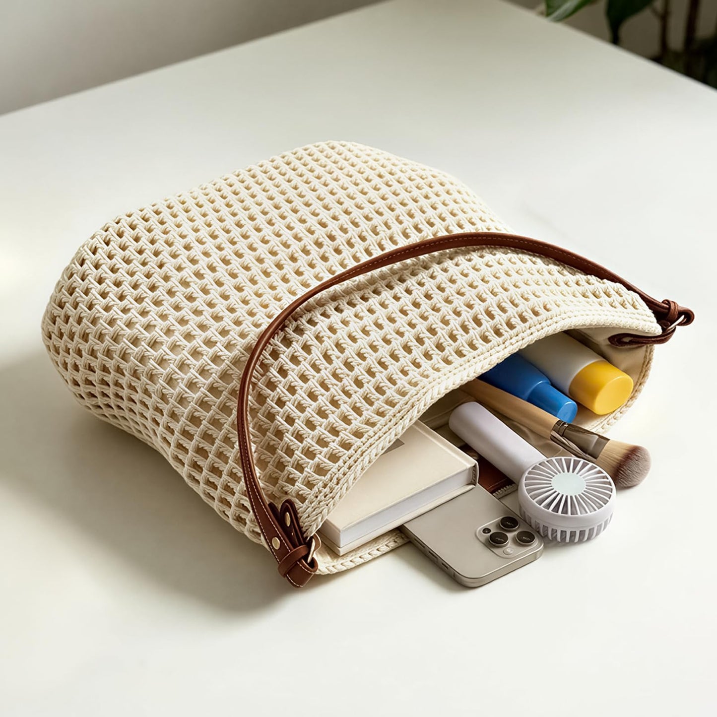 OKoriensuntek Crochet Bag Woven Tote for Women, Cotton Rope Straw Beach Bag with Adjustable Leather Shoulder Strap, Magnetic Snap Summer Bag for Everyday & Travel