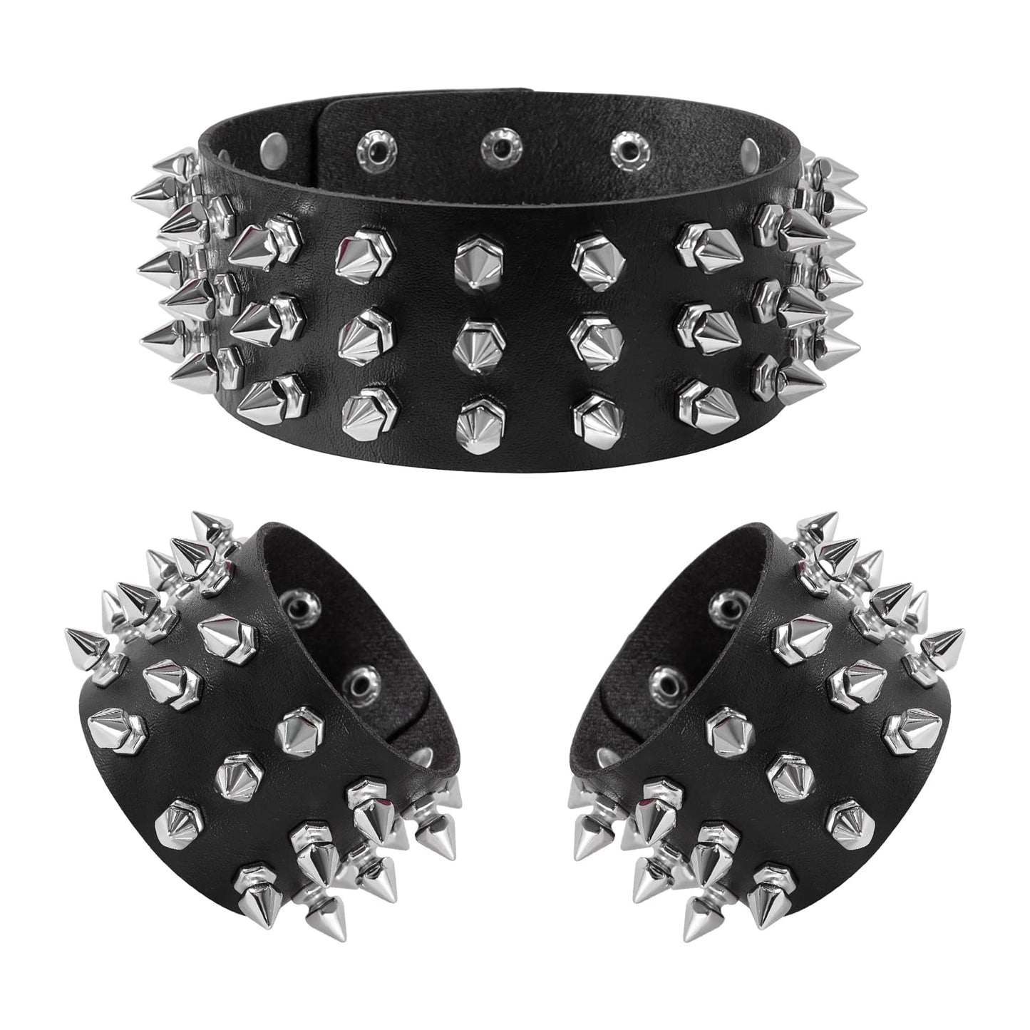 Manfnne Punk Choker Bracelet Spike Collar Neckalce Leather Wristband Cuff Adjustable Goth Jewelry