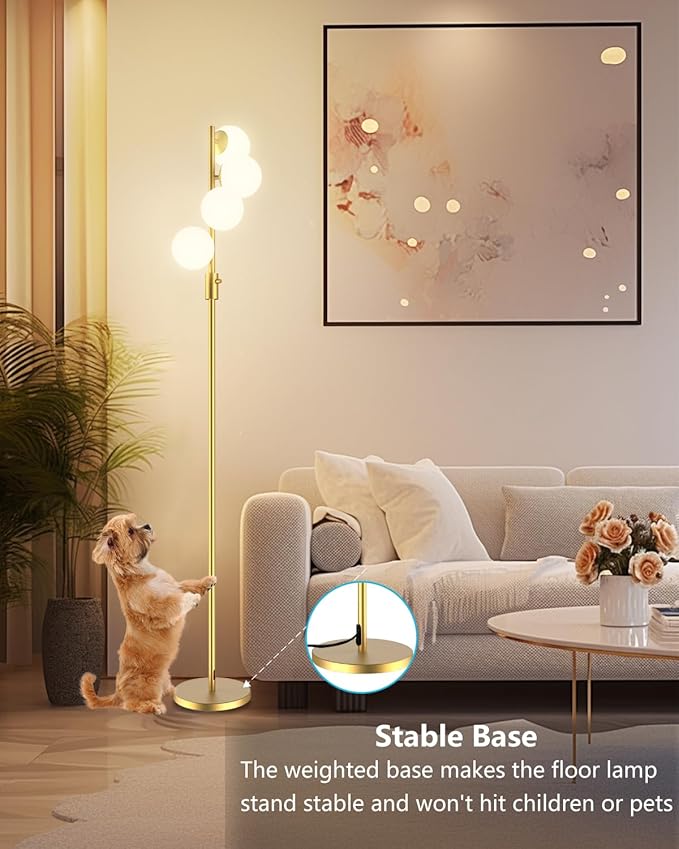 Lightdot 64IN Dimmable (Brightness Adjustable) Globe Floor Lamp, Gold Standing Lamps with 4PCS 3000K G9 Bulbs Soft Warm White Eye Care, Mid Century Modern Floor Lamp for Living Room