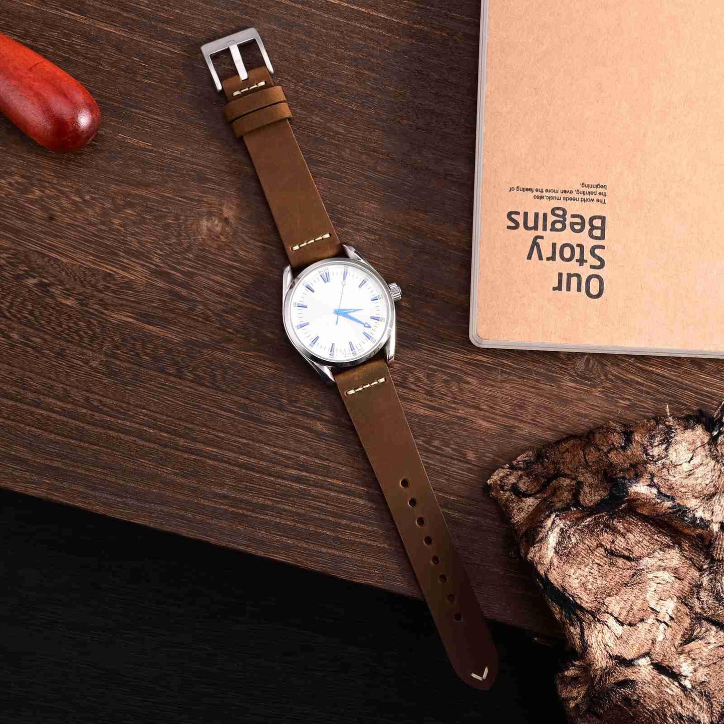 WOCCI 22mm Old-fashioned Watch Band for Men, Top Grain Leather, Silver Brushed Buckle (Caramel Brown)