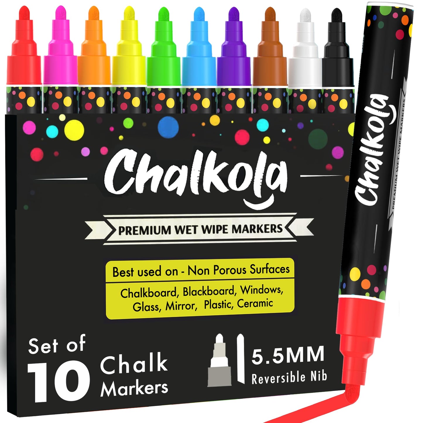 Chalkola Chalk Markers for Blackboard, Chalkboard, Window, Bistro, Car Glass, Board, Wall Calendar (10 Pack, 6mm Reversible Tip) - Wet Wipe Erasable Liquid Chalk Pens | Chalkboard Markers Erasable