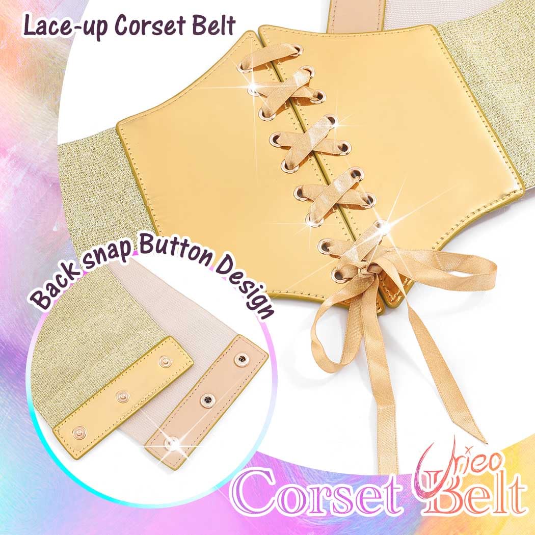 Urieo Wide Elastic Corset Belt, Gold Lace-Up Waist Cincher, Stretch Side Panels