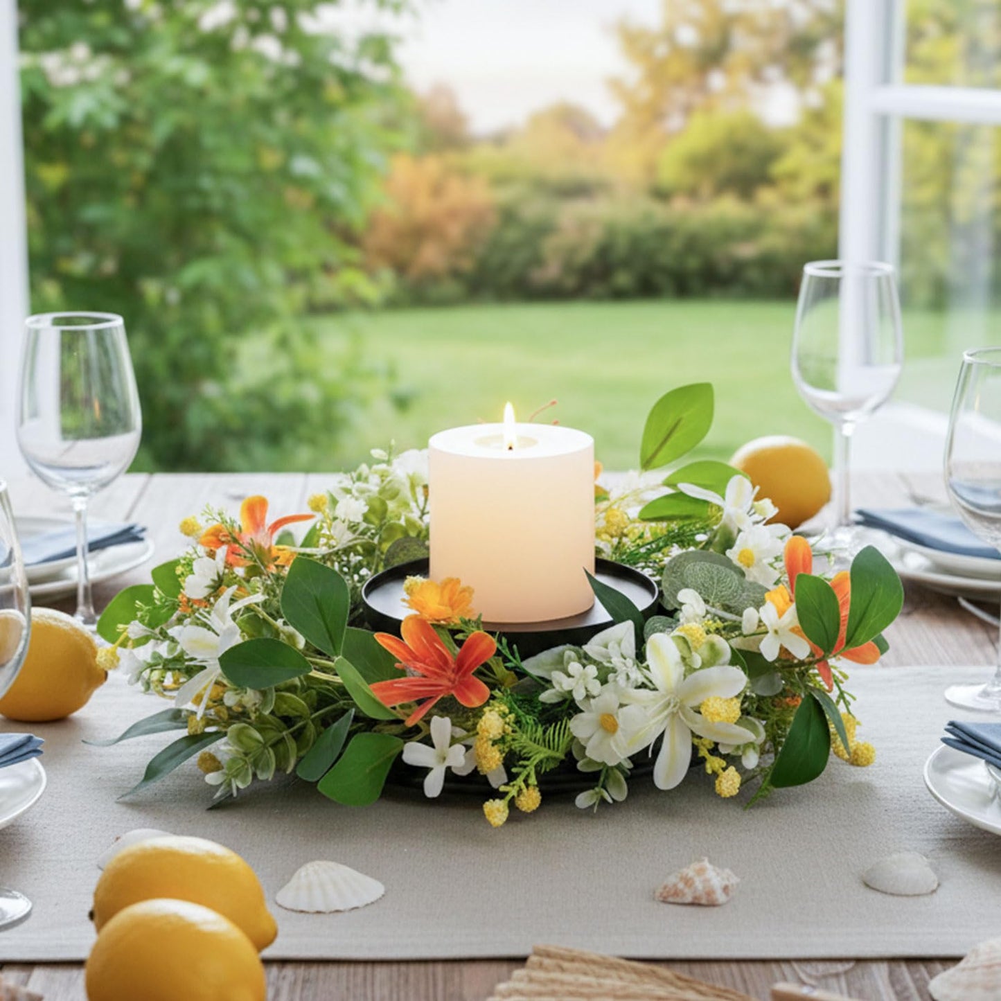 MOYEE Summer Centerpieces for Tables Wreath with Candle Holder,Candle Ring, Black Metal Candlestick with an Artificial Wreaths 14 in Versatile Dining Table Centrepiece (an Orange and White Wreath)