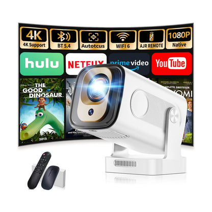 Mini Projector 1080P with WiFi 6 and Bluetooth 5.4, 4K Full HD Projector Features Auto Focus & Keystone, Portable Projector Built-in App Support 270° Rotatable, Compatible with Phone/HDMI/USB - White