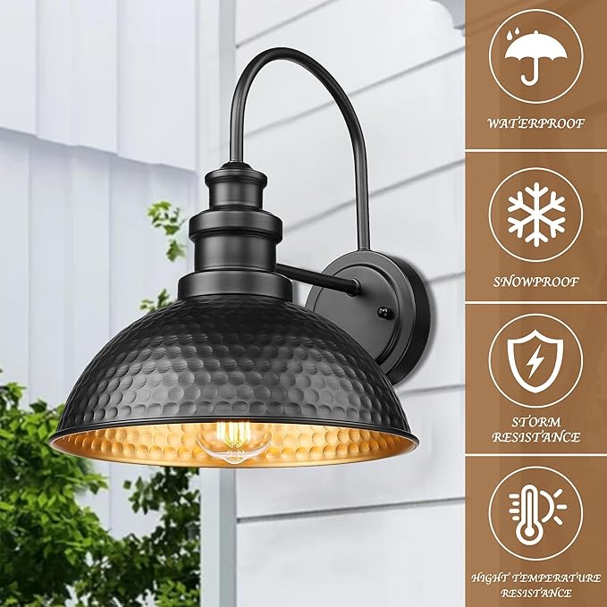Casia Outdoor Farmhouse Barn Lights, Anti-Rust Outdoor Wall Sconce, Exterior Wall Lights, Front Door Mounted Lighting Fixture,Vintage Gooseneck Lighting for Porch,Garage,Patio (Black, 2 Pack)